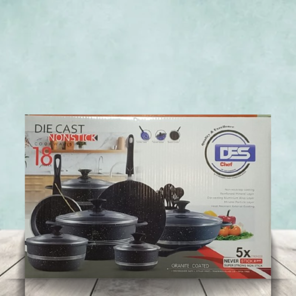Die Cast 18-Piece Non-Stick Cookware Set, PFOA-Free, Scratch-Resistant Pots & Pans with Glass Lid, Lightweight, Even Heat Distribution, Dishwasher-Safe, Induction Compatible