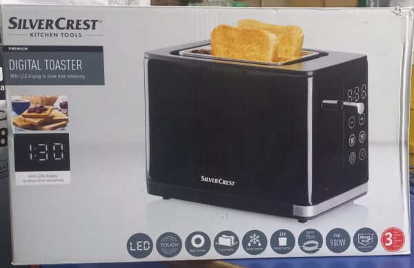 Silver Crest Digital Toaster - 900W with LED Touch Display | Bagel, Defrost, & Reheat Functions | Compact Design (70cm)